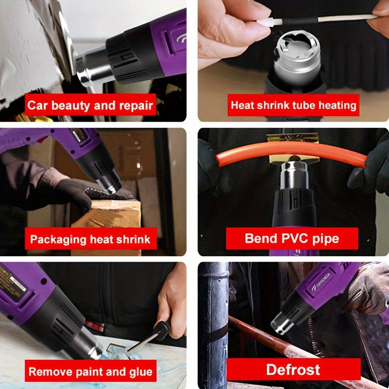 1200W heat gun with dual temperature settings and overload protection. Includes 4 nozzles for crafts, shrinking PVC, and stripping paint.