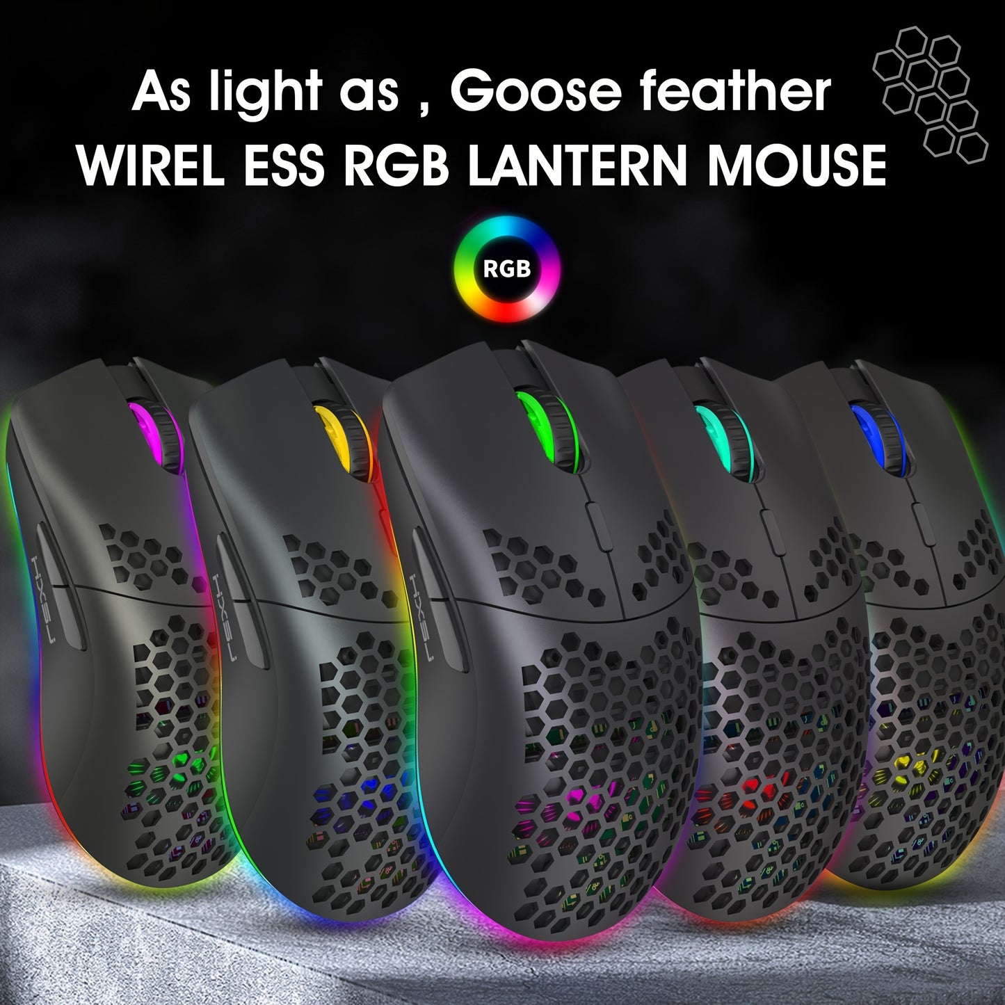 Wireless gaming mouse with RGB lighting, rechargeable, honeycomb design, USB plug & play, and right-handed comfort in white.