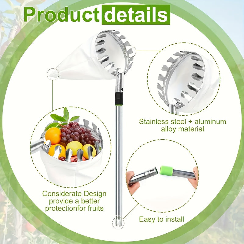 Durable stainless steel fruit picking tool for harvesting apples, oranges, and pears. Enhanced safety features. Ideal gift for New Year or Valentine's Day.