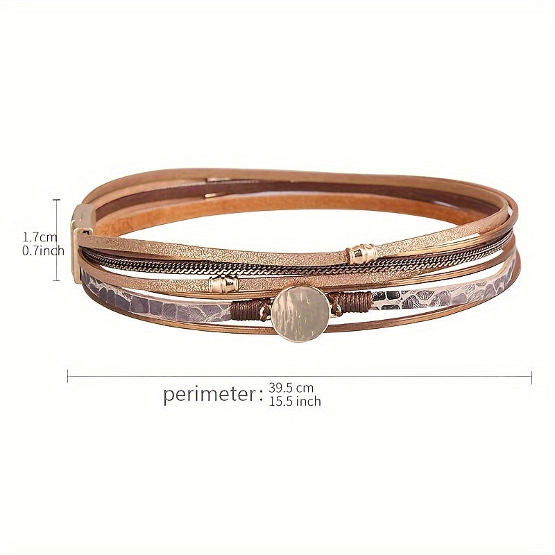 Women's Boho Chic Leather Wrap Bracelet with Multiple Synthetic Stone Layers, Gold-Tone Alloy Accents, and Magnetic Clasp - Perfect for Everyday Wear - Single Piece