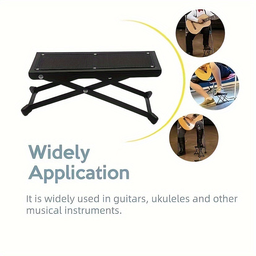 Guitar foot pedal with 4-gear high and low folding for stability and comfort. Sturdy metal with non-slip features. Suitable for musical instrument playing, guitar playing, pedicure, and