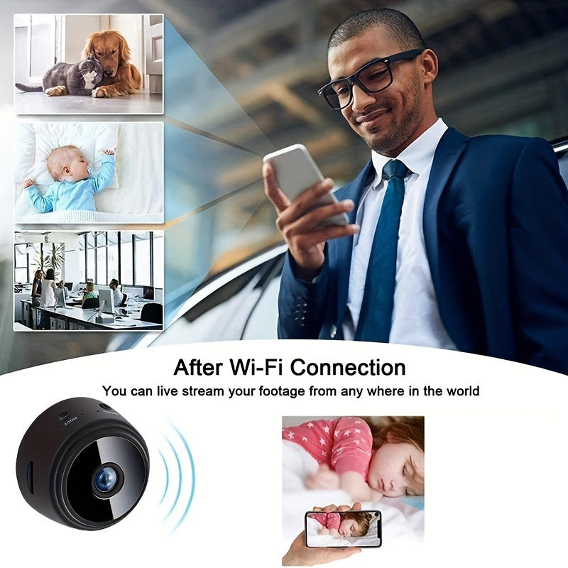 Mini WiFi security camera with magnetic back, USB rechargeable, app-controlled for home and office surveillance in black and white, 24/7 loop recording, multi-user support, portable design