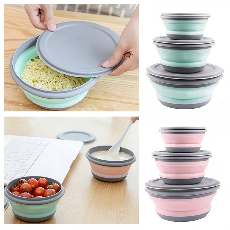 Set of 3 Camping Bowls with Lids, Silicone Collapsible Bowls, Lunch Box, Salad Bowl, Expandable Food Storage Container, Bento Box - High-Quality Container for Travel, Camping, and Office Use.