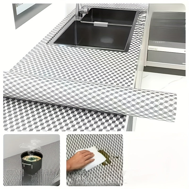 Easily clean and waterproof Silvery Hexagon Self-Adhesive Kitchen Film for Countertops and Cabinets, resistant to oil.