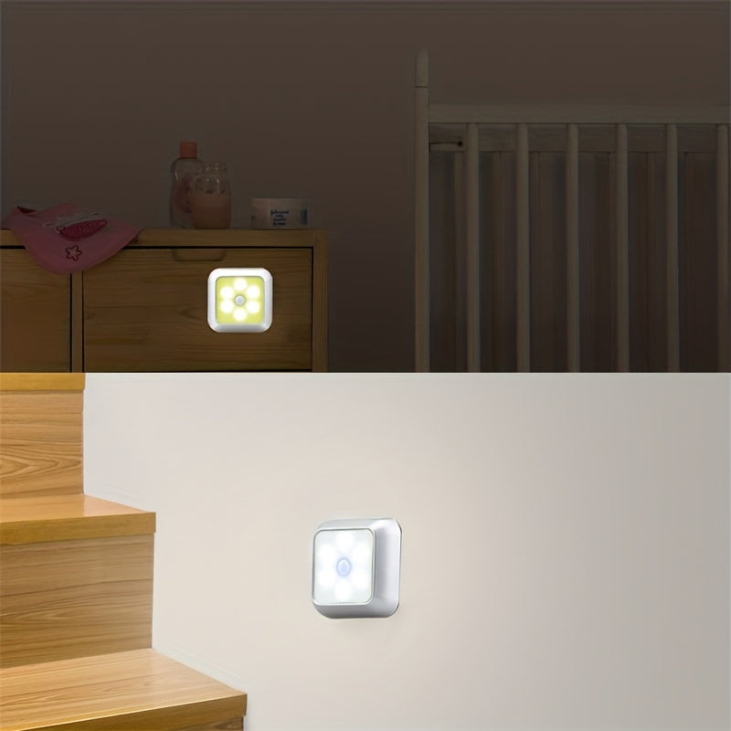 Motion sensor night light with 6 LED bulbs for indoor decoration, perfect for closets, cabinets, staircases, and bedrooms.