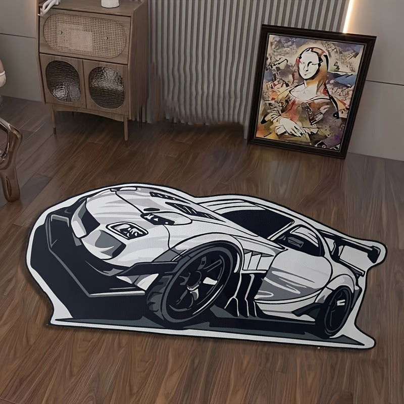 Black and white polyester knit area mat with a cool sports car design, featuring a rubber backing for added durability. This lightweight and washable mat is stain resistant and non-slip, making it perfect for entryways, living rooms, and bedrooms.