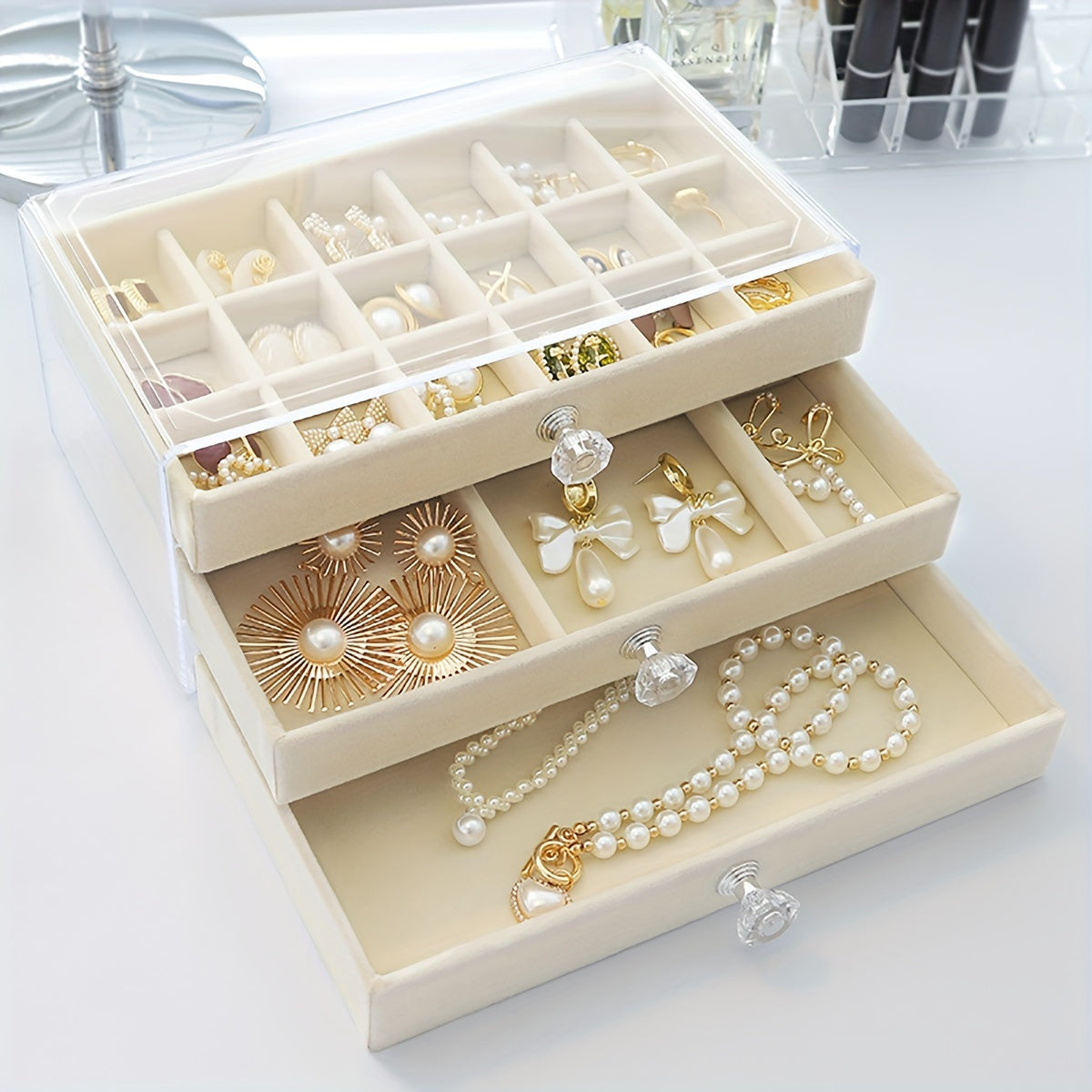 Transparent Acrylic Jewelry Box with Multiple Layers for Stud Earrings, Rings, Necklaces, and Bracelets. Features a Drawer for Additional Storage. Ideal for Keeping Jewelry Safe from Moisture in the Household or Dormitory. Perfect Gift for Christmas