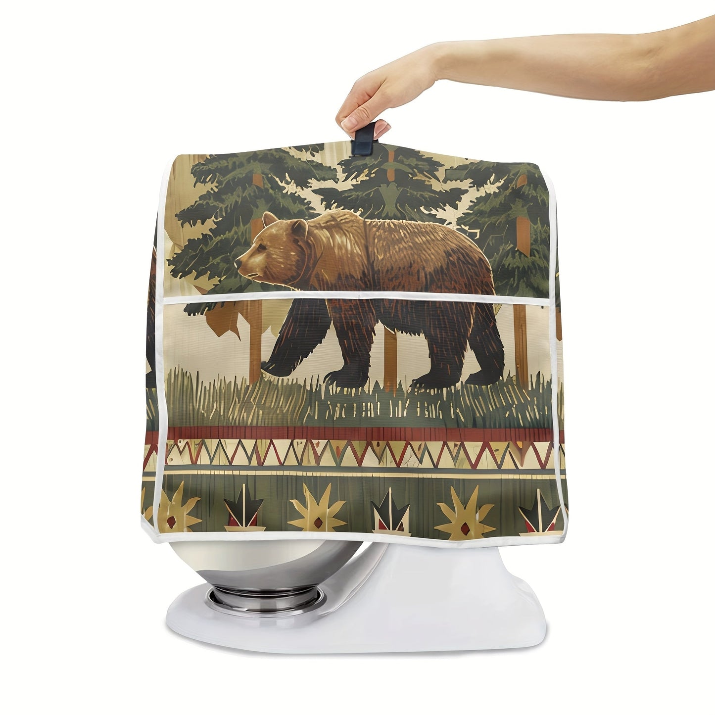 Protect your 6-8 quart stand mixer with this rustic jungle bear print dust cover. This protective cover features an accessory pocket and top handle for convenient storage and transport. Ideal for use in the kitchen or dining room.