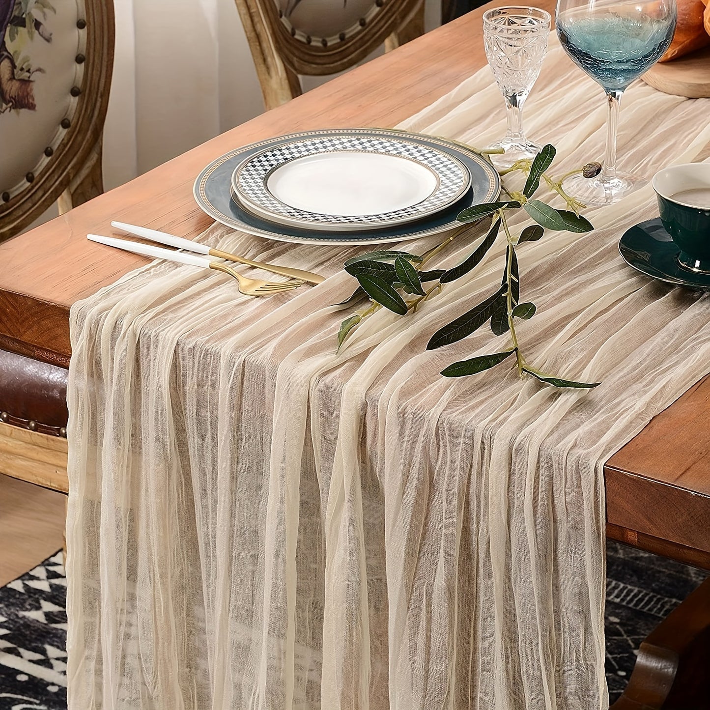 1pc Wrinkled Table Flag, Cheesecloth Table Runner, Gauze Tablecloth: Bohemian chic décor for weddings, showers, and parties.