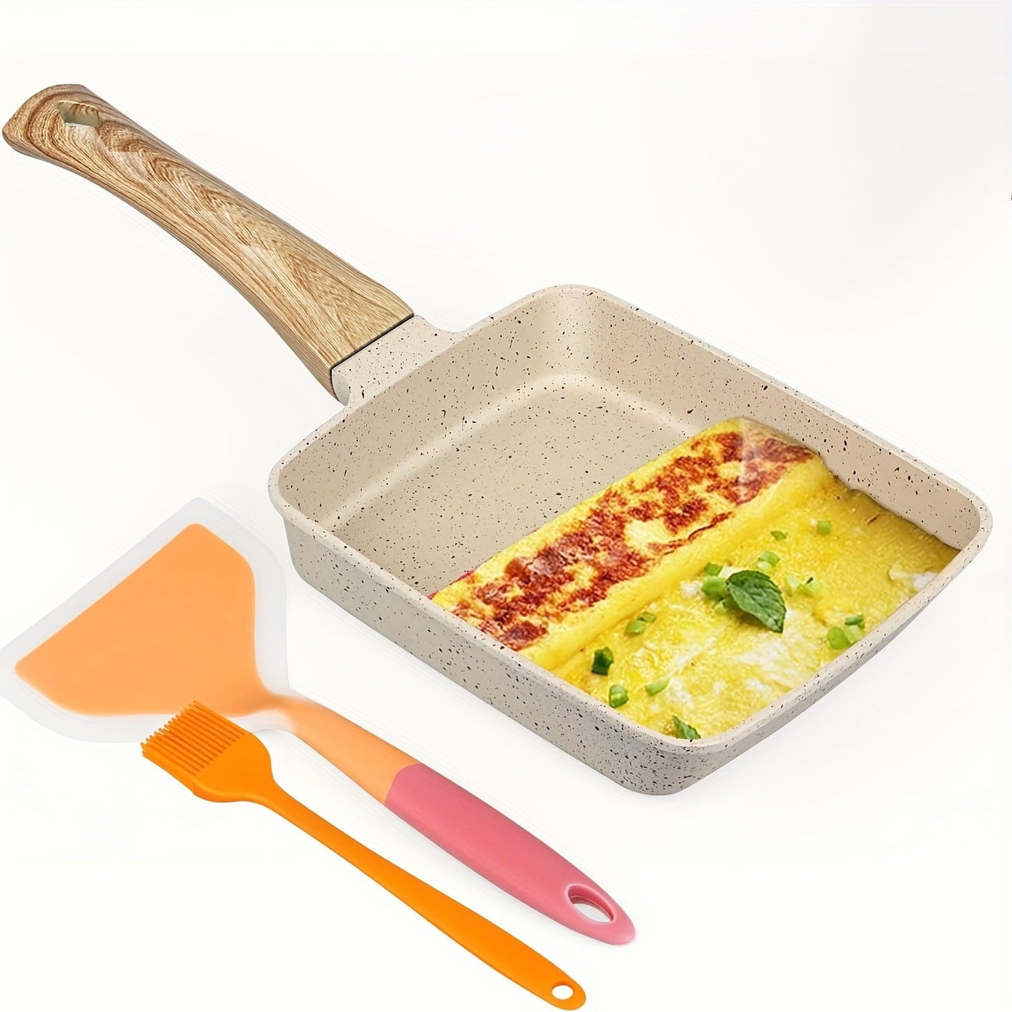 Japanese Tamagoyaki Ceramic Frying Pan - Rectangular Non-Stick Cookware with Insulated Silicone Handle, Includes Silicone Spatula and Oil Brush, Care Instructions: Hand Wash Only.