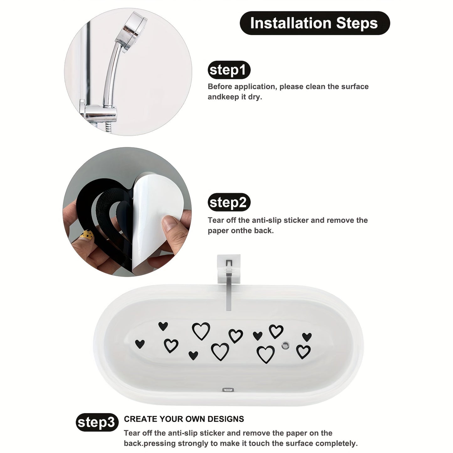 30 heart-shaped black vinyl bathtub stickers for safety, easy to apply and clean.