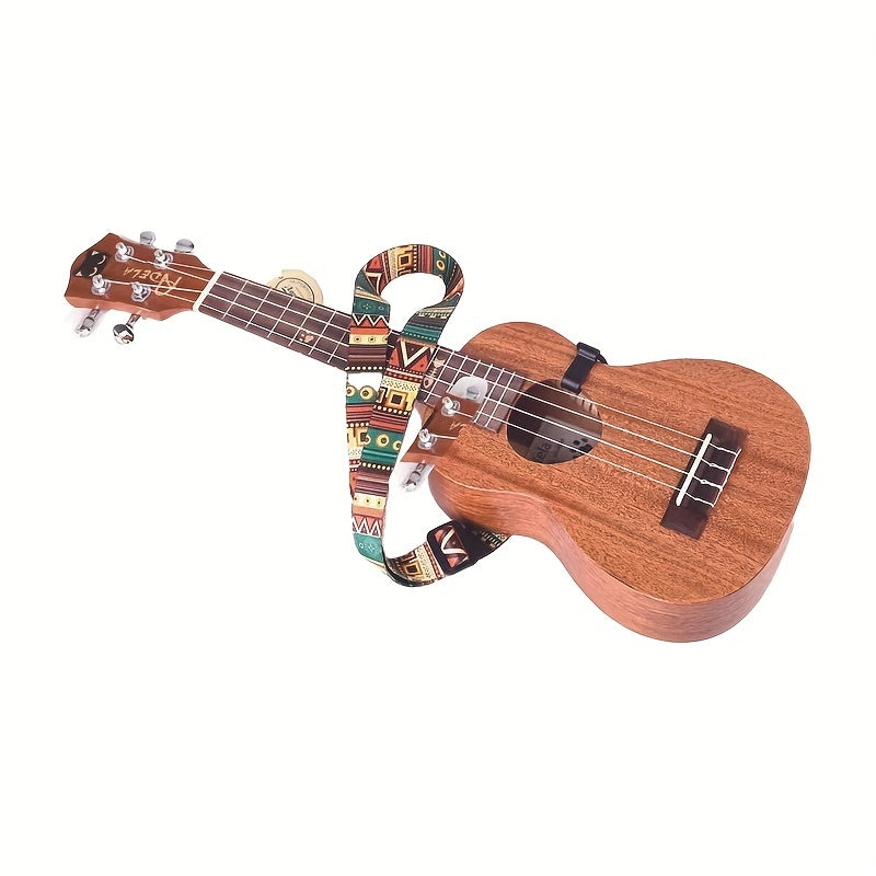 Colorful Hawaiian-inspired ukulele strap with geometric patterns, vibrant mixed colors, and a 4-string guitar hook backdrop.