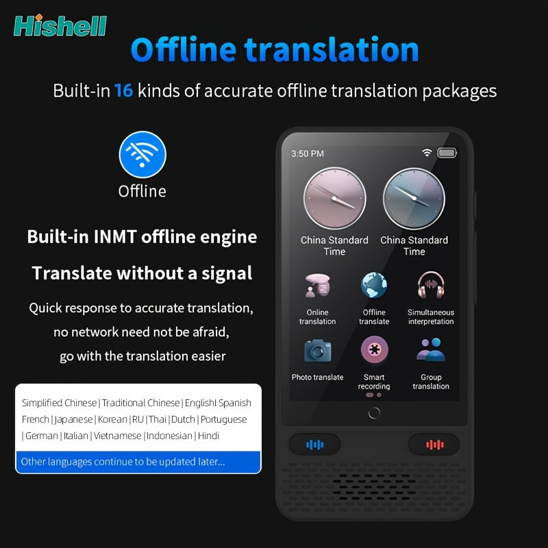 Two-way real-time voice translator with offline support for 138 languages and a 8.99cm HD touch screen. Ideal for travel, business, and study.