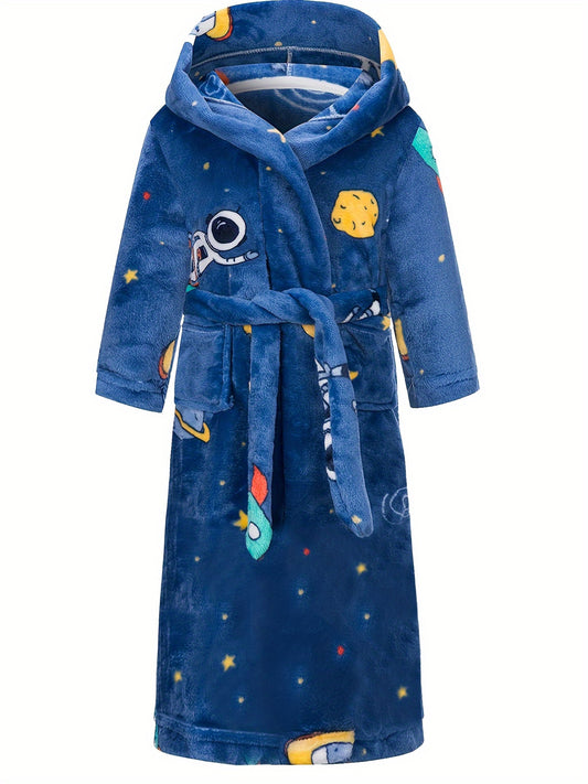 Men's trendy hooded flannel robe with space pattern, lace-up hoodie pajamas, and coral fleece lounge wear.