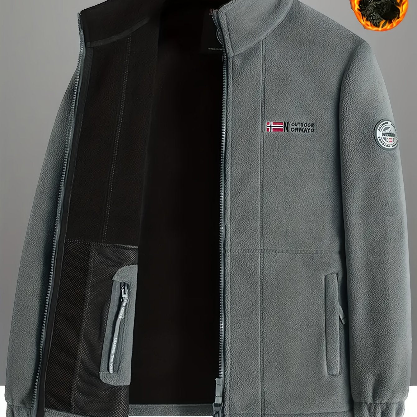 Men's casual fleece-lined jacket with stand collar, embroidery, zip-up cardigan, and warm knit fabric for fall/winter sports.