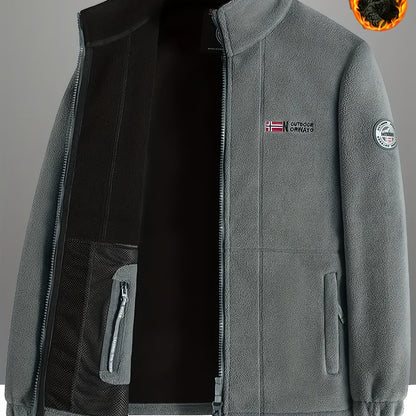 Men's casual fleece-lined jacket with stand collar, embroidery, zip-up cardigan, and warm knit fabric for fall/winter sports.