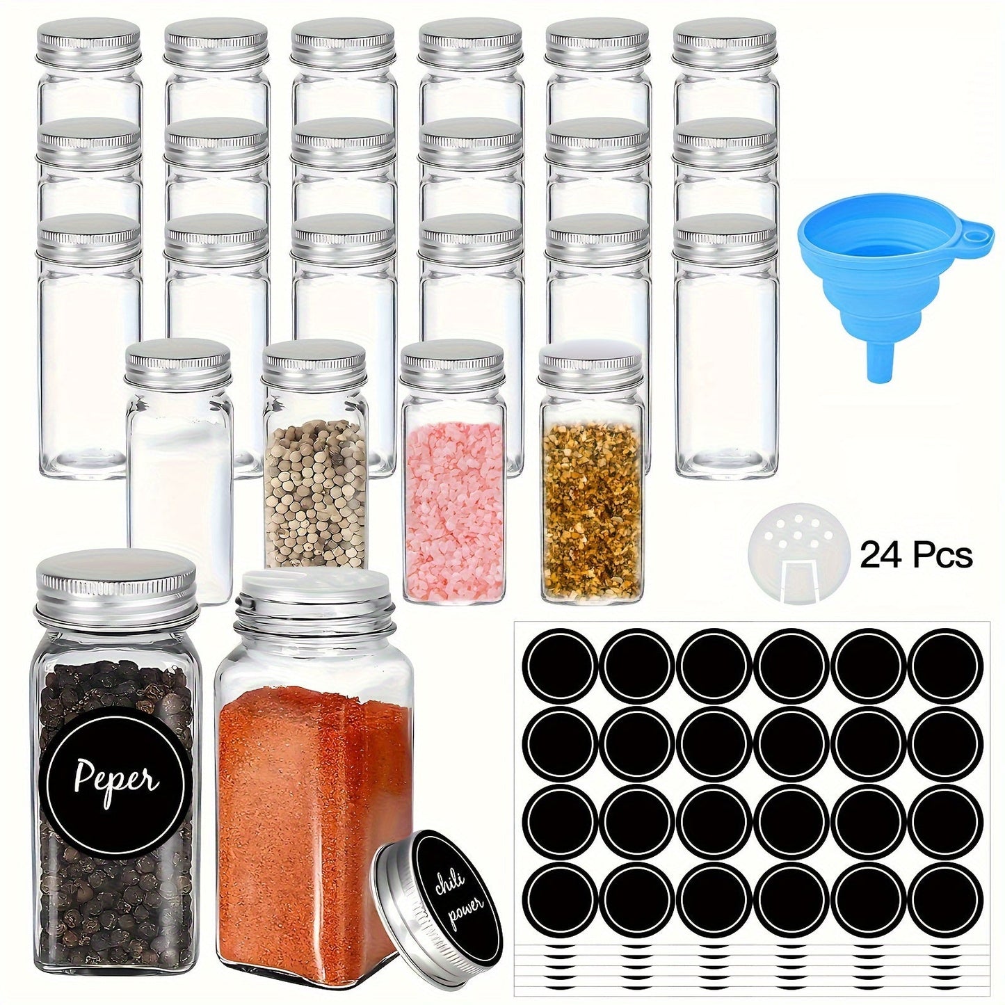 Complete your kitchen with our 24-piece Glass Spice Jar Set, featuring Aluminum Lids. Each 4oz Square Container is perfect for storing seasonings, salt, pepper, and more. Includes Labels, Collapsible Funnel, and Brush to keep your spices organized and