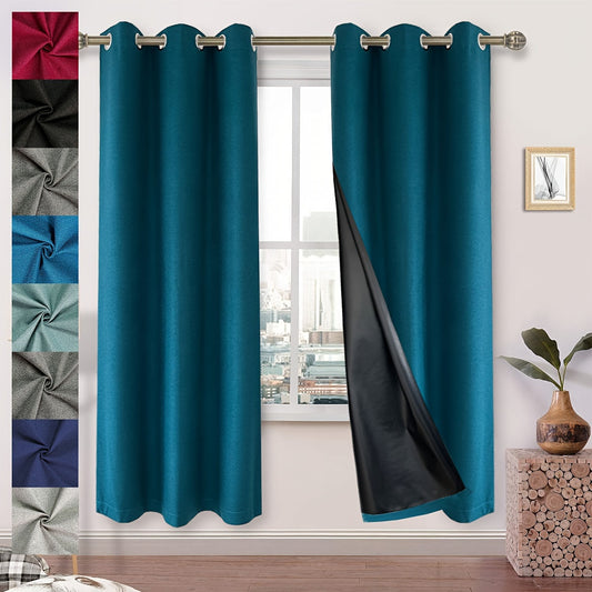 Blackout Faux Linen Imitation Textured Curtains with Grommet Top - Ideal for Bedroom, Living Room, Home Décor