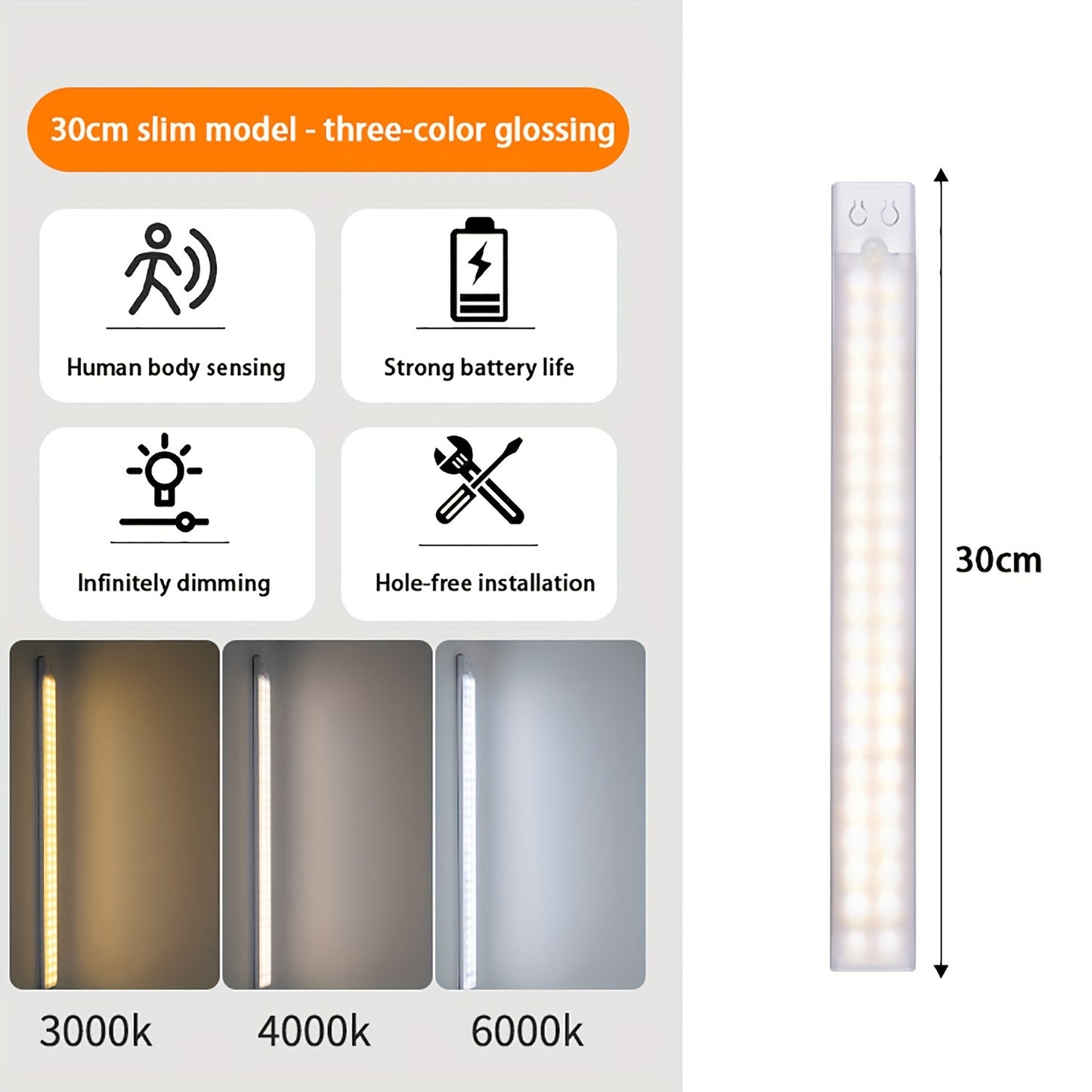 Ultra-thin LED light strip with human body sensing, multi-mode switching, wall-mounted design, and rechargeable lithium battery. Ideal for kitchen, wardrobe, bedroom, wine cabinet.