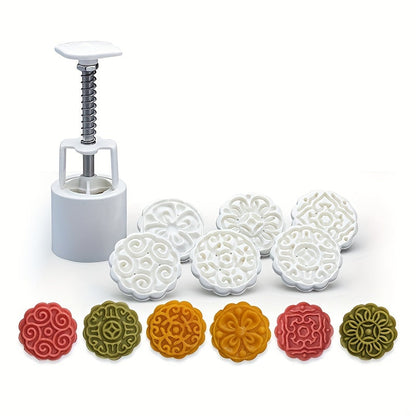 Moon Cake Maker Set with Flower-shaped Mold and 6 Stamps - Create DIY Hand-pressed Cookies for the Mid Autumn Festival with these Pastry Tools, Baking Tools, and Kitchen Gadgets