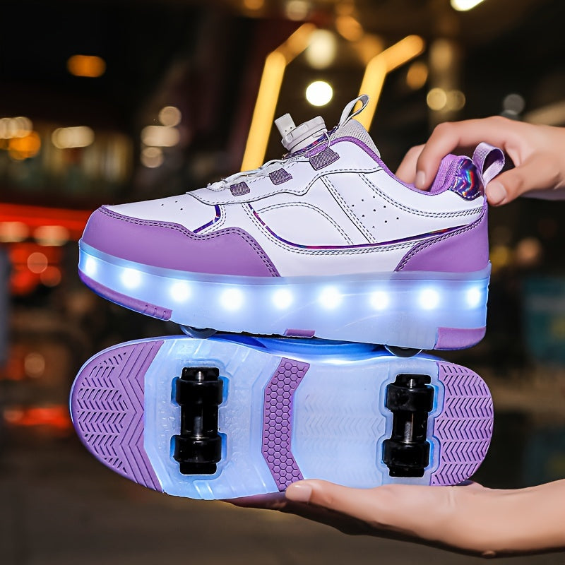 Children's LED Roller Shoes with Retractable Wheels, Trendy Sports Sneakers with Adjustable Brightness, Rotary Buckle Closure, PU upper, TPR sole, and Lithium Polymer Battery.