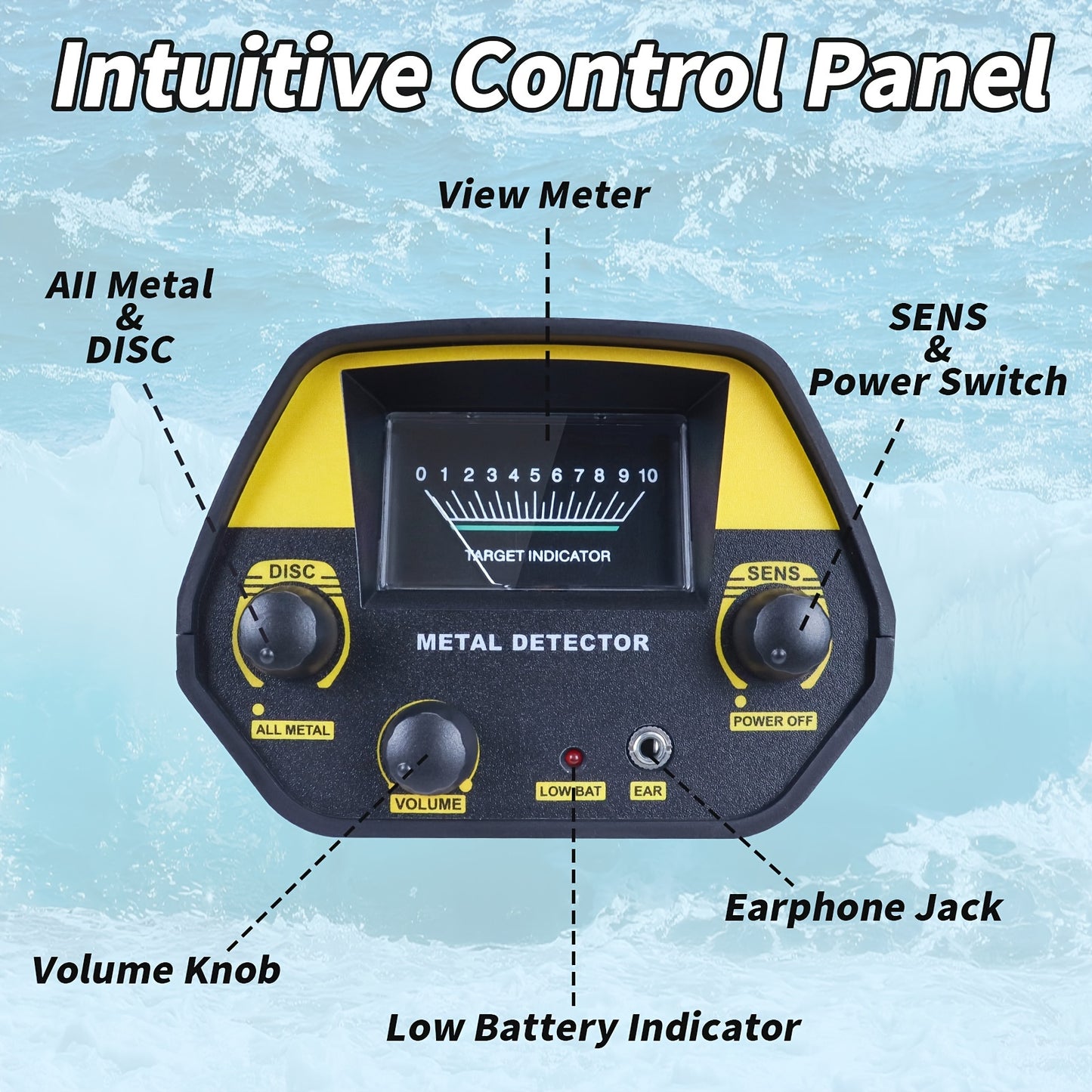 Compact metal detector with high sensitivity and a 20.32cm coil, adjustable power and target identification. Ideal for beach treasure hunting, requires batteries (not included).