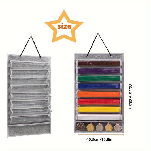 Display your martial arts belts and medals with pride on this durable felt organizer. With 9 clear pockets, this rack can hold up to 8 belts and 5 medals. Easy to install on your wall, this decorative piece is perfect for karate and taekwondo enthusiasts.