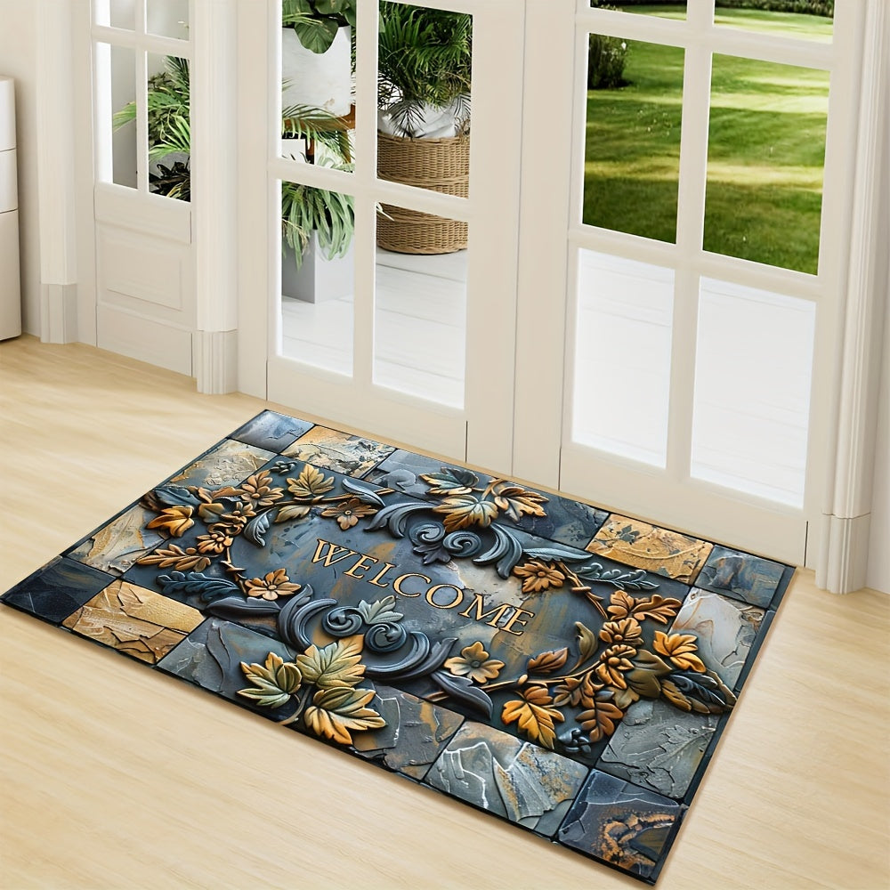 Opulent Welcome Mat with Elegant 3D Stone & Botanical Embossed Design - Features Non-Slip, Waterproof, and Machine Washable Polyester Material Perfect for Indoor and Outdoor Use - Enhance Entryway, Living Room, or Bathroom Décor