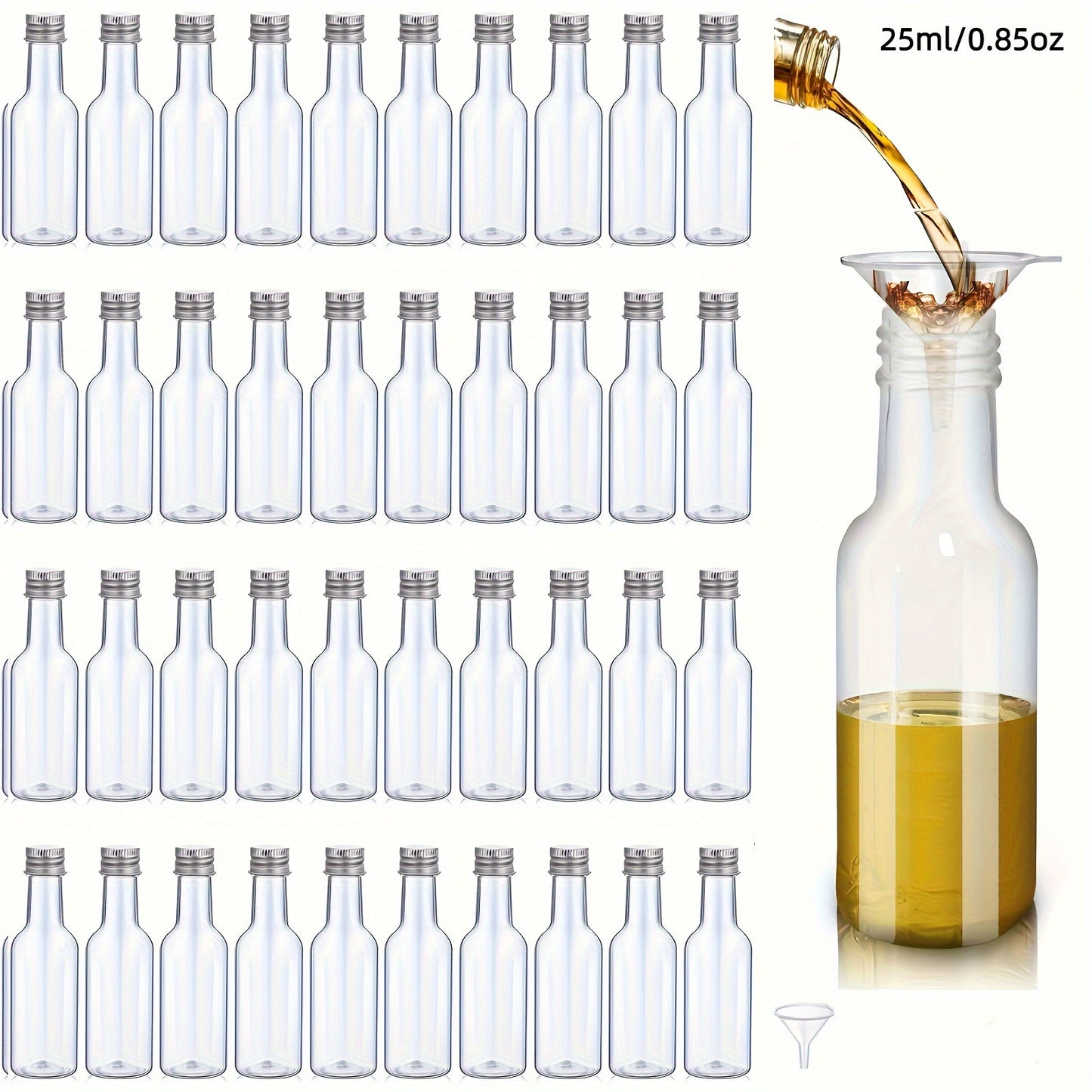 50 reusable plastic mini liquor bottles in 0.85oz and 1.7oz sizes, perfect for weddings and birthdays. Ideal for alcohol, juice, wine, or hot sauce.