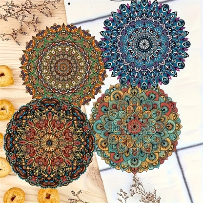 6-piece mandala flower wooden coaster set with hand washable, heat-resistant, non-slip design for drinks. Perfect for Christmas, home and office décor, and theme parties.