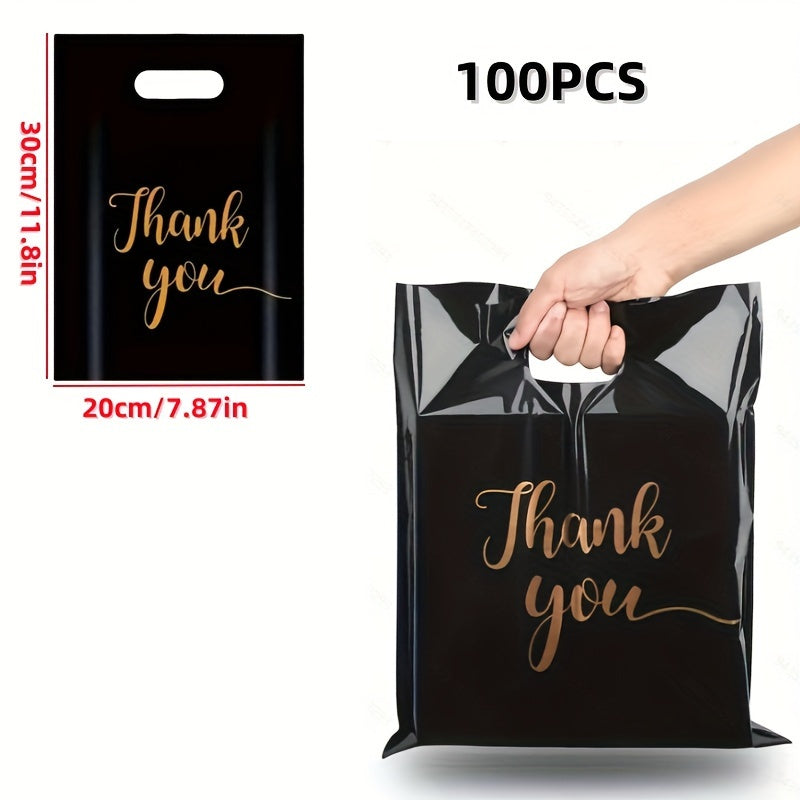 100-Pack Premium Black PE Thank You Bags with Die Cut Handles. Water-resistant and reusable. Ideal for boutiques, parties, and holiday gifts.