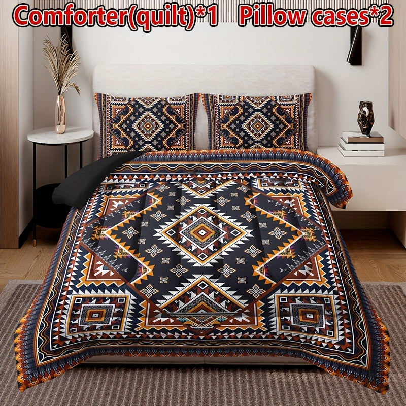 3-piece Bohemian Plaid Quilt Set includes 1 quilt and 2 pillowcases (pillow inserts not included). Soft, comfortable, breathable, and printed quilt suitable for all seasons in home or dorm.