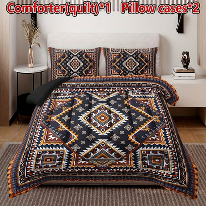 3-piece Bohemian Plaid Quilt Set includes 1 quilt and 2 pillowcases (pillow inserts not included). Soft, comfortable, breathable, and printed quilt suitable for all seasons in home or dorm.