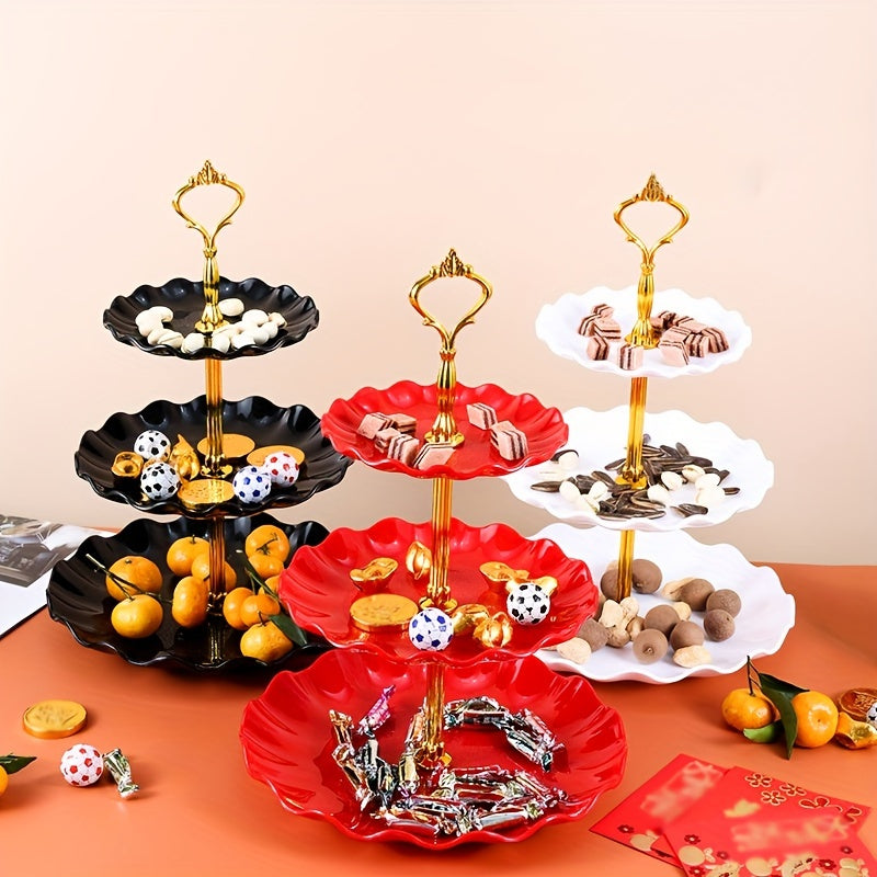 Three-layer candy plate for household living room, ideal for storing dried fruit. Creative multi-layer plastic fruit basket in festive New Year style.