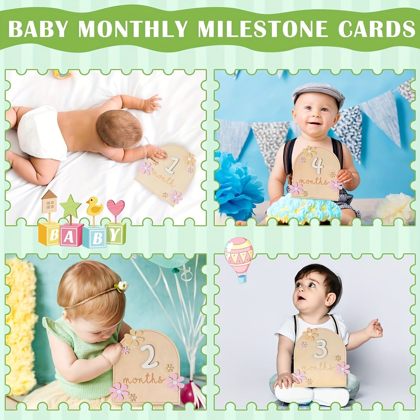 Wooden milestone cards set: track your baby's growth with monthly milestone discs featuring a floral AA design. Perfect for photo props and announcing your little one's first year. Includes discs for each month from 1 to 12.