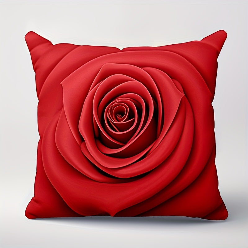 Valentine's Day themed red rose pillow cover with floral heart design. Polyester blend, zippered cushion case for sofa, bed, or office chair. Hand wash only. Contemporary style home decor.