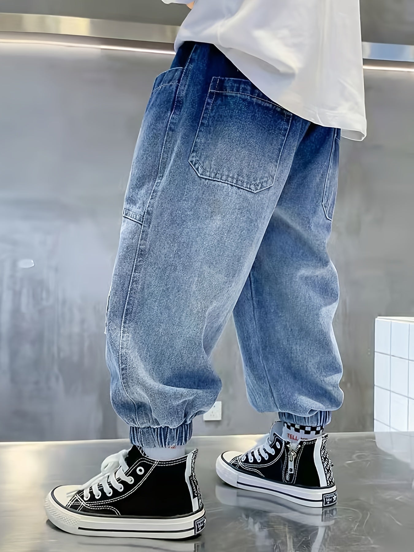 K-pop Boys' Cargo Denim Jeans with Elastic Waistband