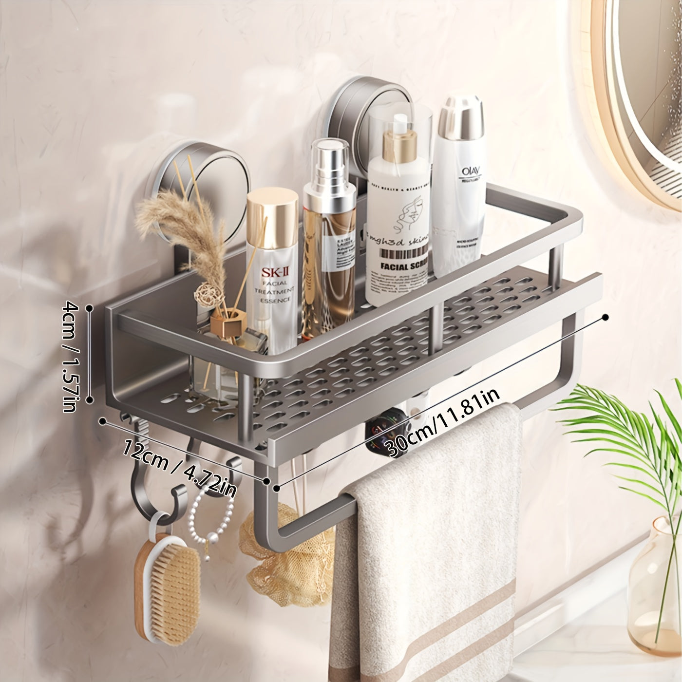 Rustproof wall mount shower caddy with towel hooks, suction cups, and floating shelf for bathroom organization.