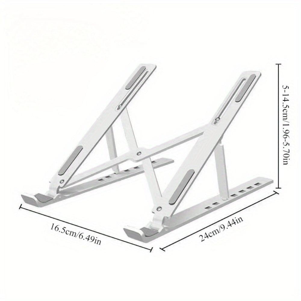 The Ergonomic Laptop Stand is a versatile and adjustable computer riser that is designed to improve comfort, reduce neck and back pain, and enhance posture. It also increases workspace and includes a cooling function to prevent overheating. Suitable for