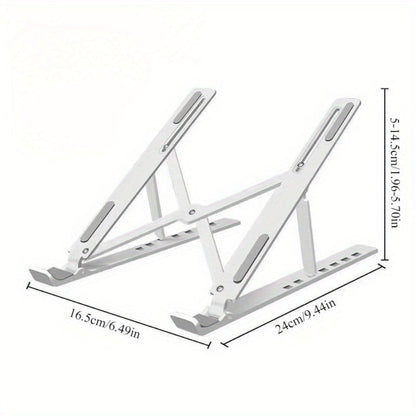 The Ergonomic Laptop Stand is a versatile and adjustable computer riser that is designed to improve comfort, reduce neck and back pain, and enhance posture. It also increases workspace and includes a cooling function to prevent overheating. Suitable for