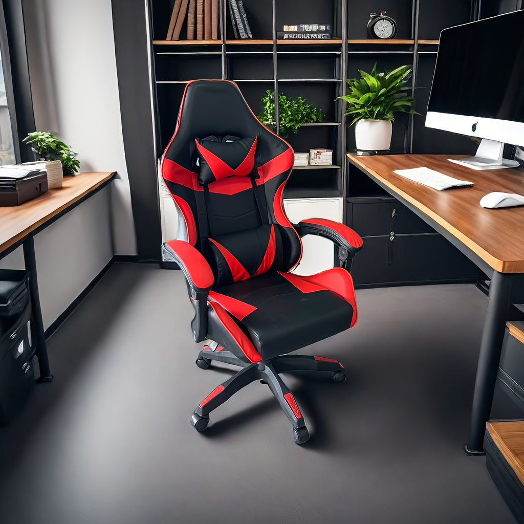 Ergonomic gaming chair with headrest and lumbar support, adjustable height and back tilt, 360° swivel, iron frame and sponge filling, plastic material with casters, handle-operated