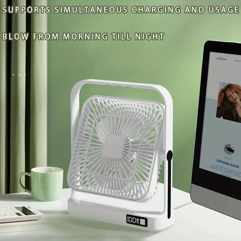 Introducing the Goard 8-inch Portable High-Velocity Table Fan with Digital Display and 5-Speed Button Control. This fan features a 360° rotating design and is USB rechargeable, making it perfect for travel, office, or home use. Made with ABS material and