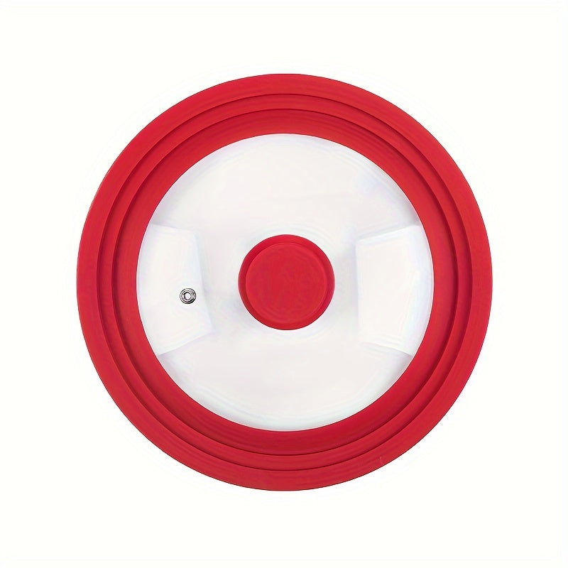 Multi-functional red silicone-rimmed glass lid designed for pots and skillets from 20.32cm to 27.94cm in diameter - can be safely cleaned in the dishwasher, features a non-slip knob, and is heat resistant.