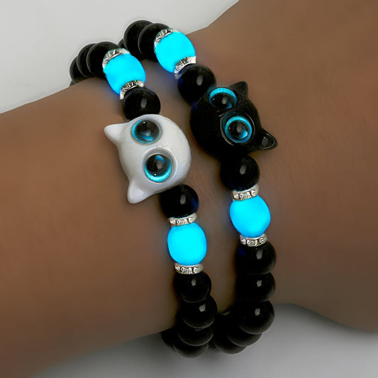 Best-Selling Glow-in-the-Dark Cat Jewelry Set - Includes 4 Luminous Beaded Bracelets & Multilayer Necklace, Vintage Boho Style with Cute Cat Accents, Adjustable Elastic Black Beads. Great for Couples & Friends, Ideal for Halloween & Christmas, Cat