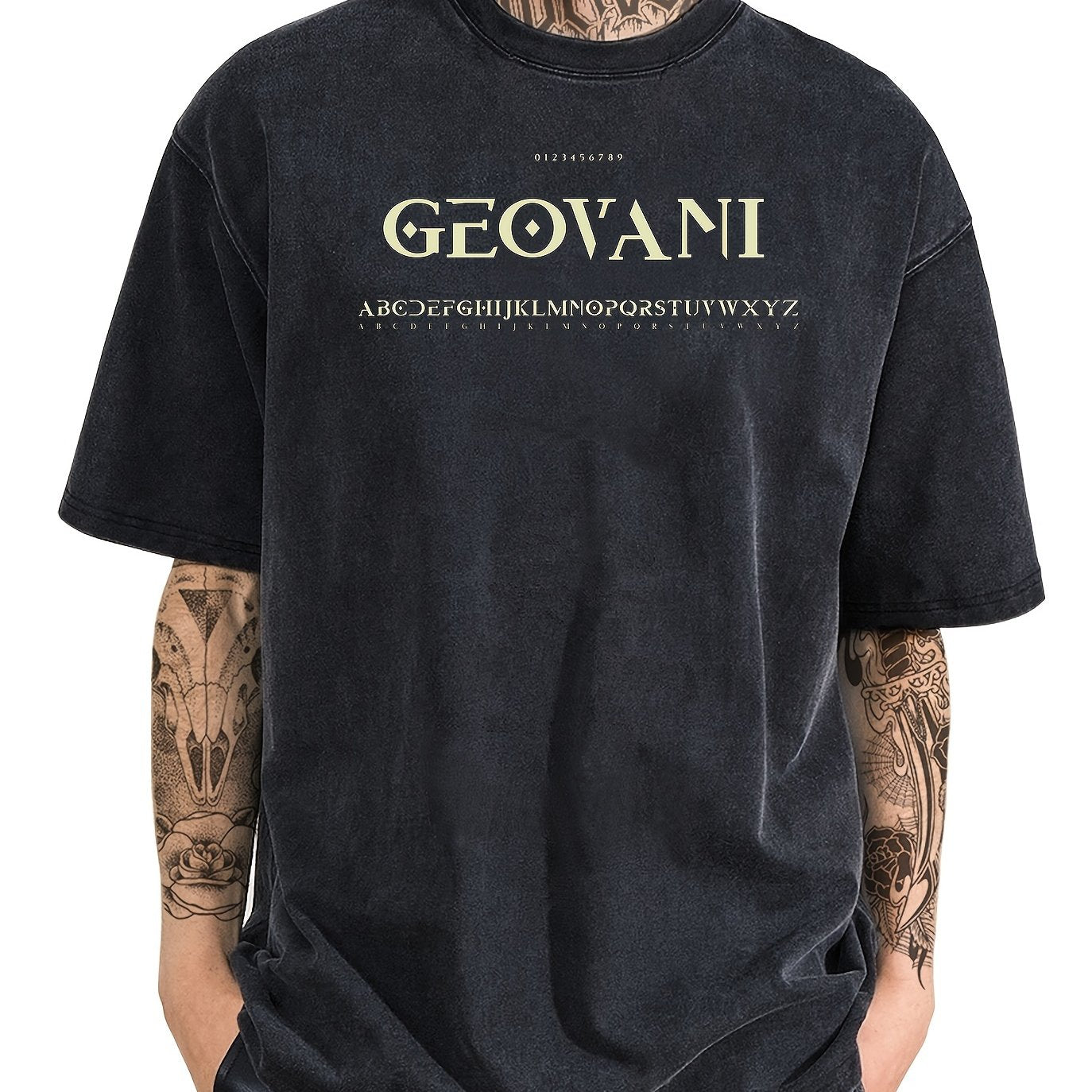 Men's black cotton t-shirt with "GEOVANI" letter print - vintage-inspired, casual fit, perfect for summer.