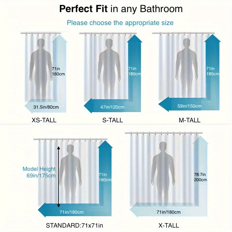 Waterproof PEVA shower curtain for bathroom partition, no-drill installation.