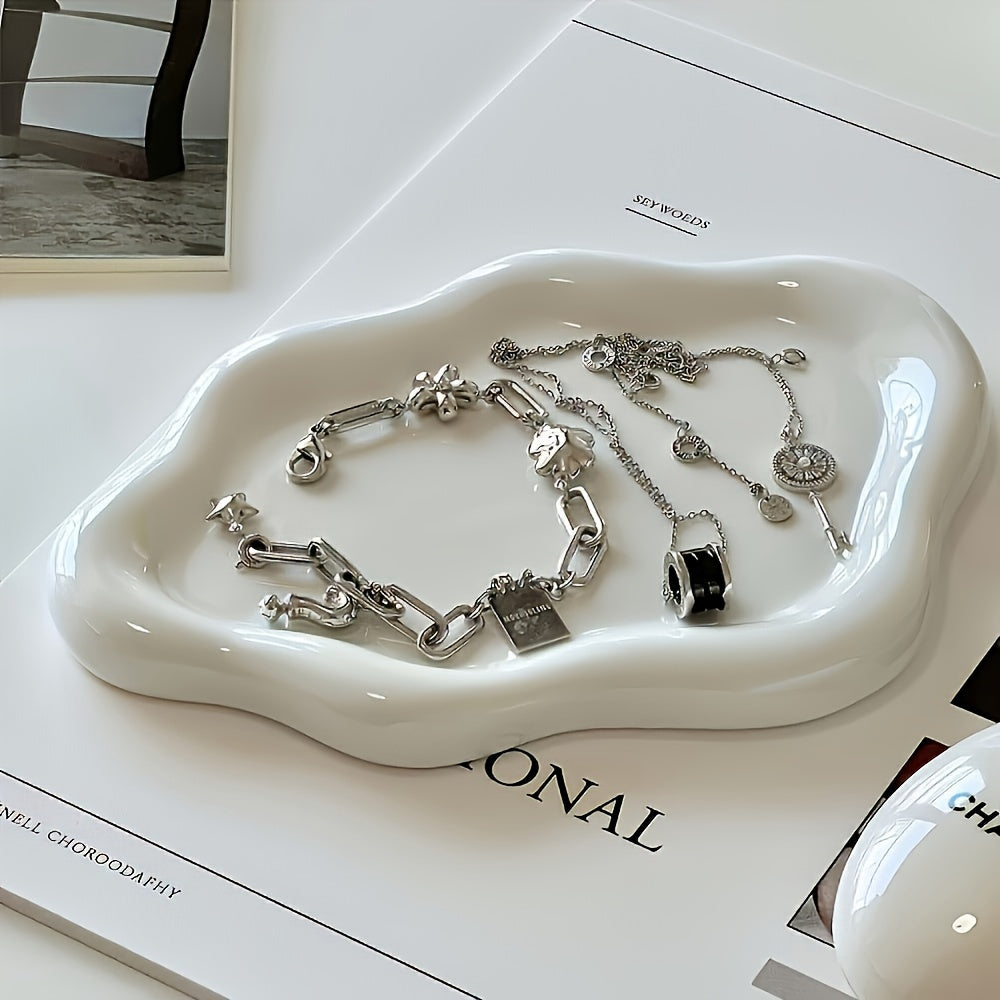 Chic White Ceramic Tray with Gold Accents - Stunning Jewelry & Perfume Display, Perfect for Home, Office, or Mother's Day Gift