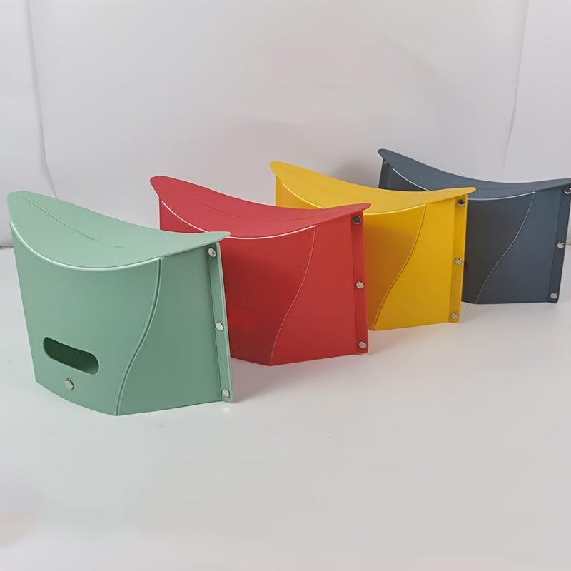 Green Portable Folding Stool with Carry Basket - Made of Tough Plastic, Square Shape Ideal for Outdoor Events, Music Festivals, and Travel.