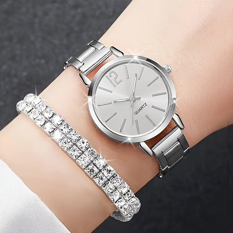 Six elegant ladies quartz watches and bracelet suits with round zinc alloy case, stainless steel strap, casual round simulation dial with steel band, and shock-proof movement.