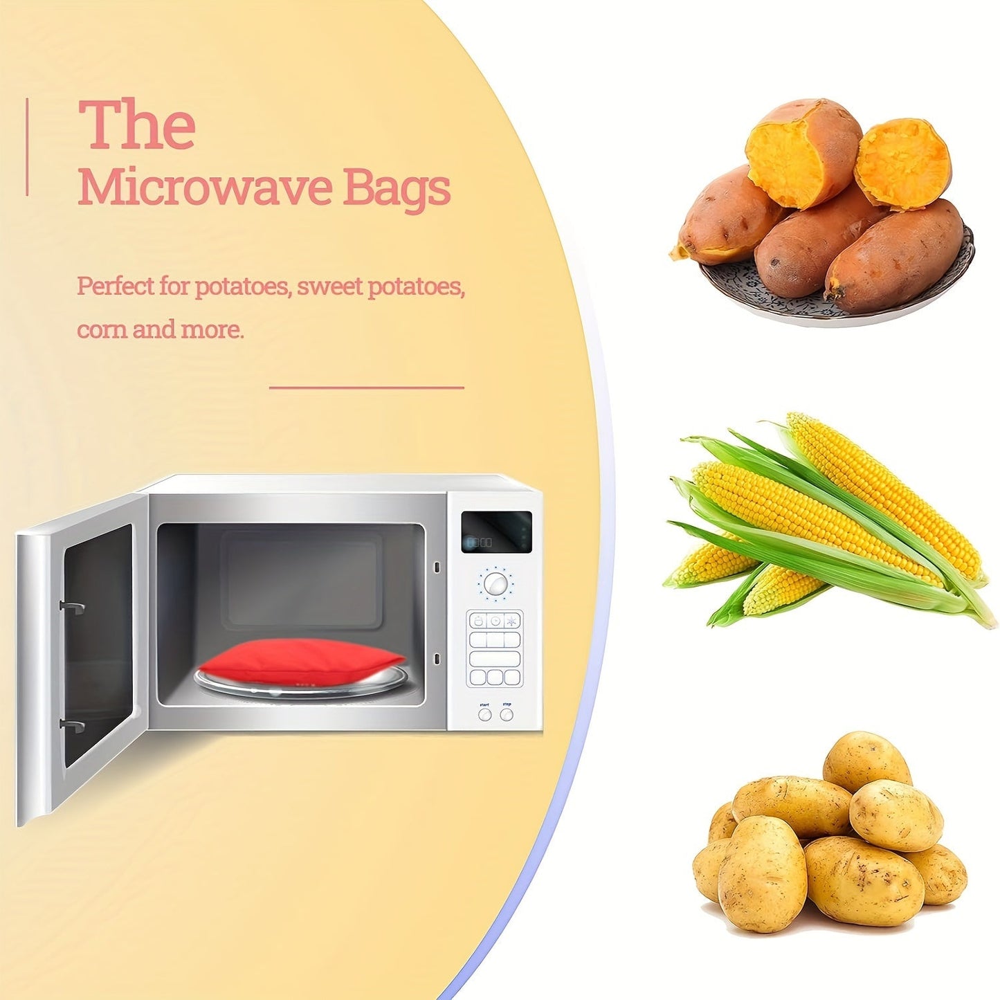 Three reusable microwave potato bags for quick cooking and warming potatoes. Made from non-food contact plastic material for perfect baked potatoes.